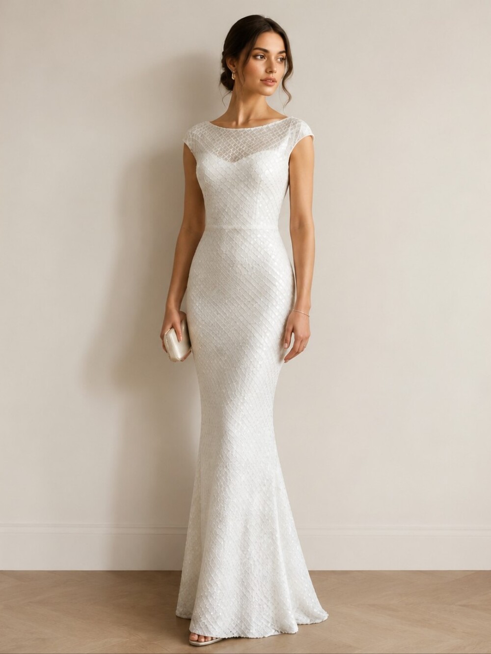 Windsor White Mesh Sequin Maxi Dress Size S Stretch Sheer Wedding Prom Formal